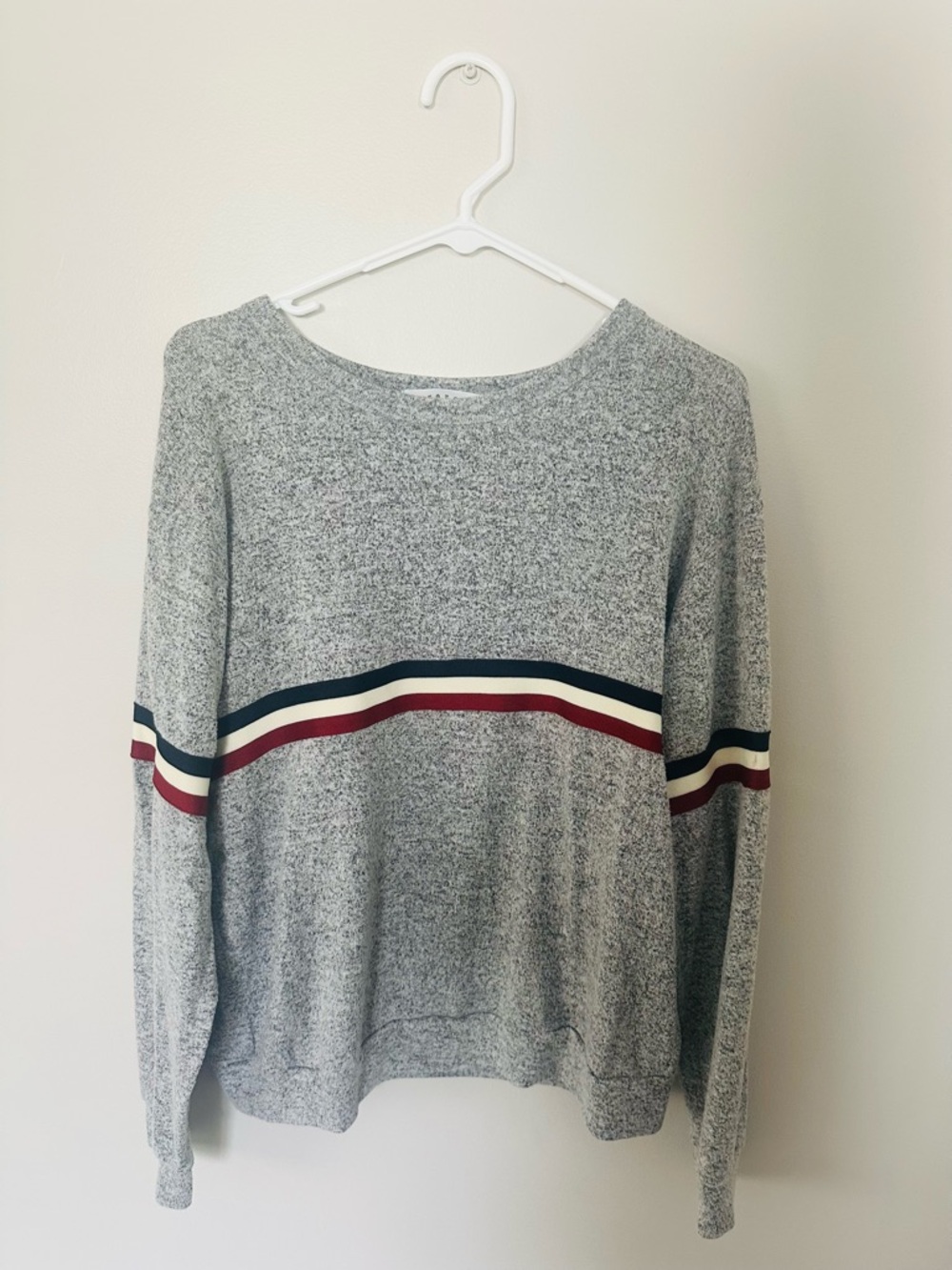 gaze Grey Crewneck Sweater with Navy, Cream & Burgundy Stripes